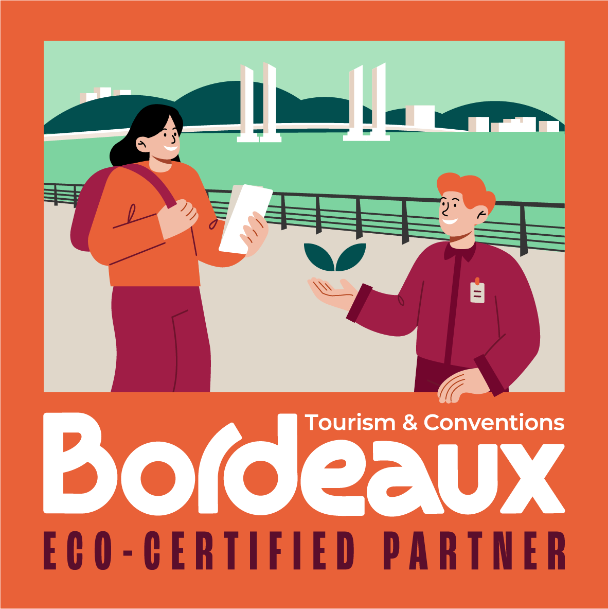 Bordeaux Tourism & Conventions eco-certified partner badge featuring two people exchanging a plant leaf by a waterfront with modern buildings in the background