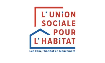 Logo of L'Union Sociale pour l'Habitat, a French social housing organization, featuring a stylized house outline in blue and red with the tagline 'Les Hlm, l'habitat en Mouvement'