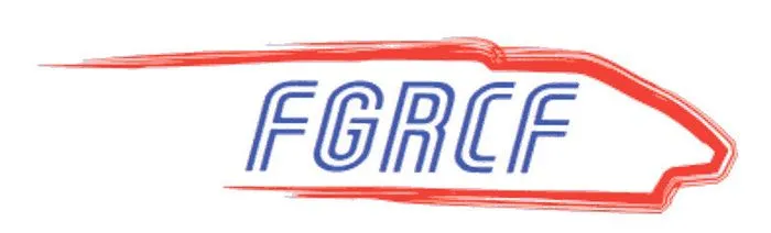 FGRCF logo - neon-style text in blue letters with red horizontal lines forming a train shape