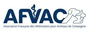 AFVAC logo - Association Française des Vétérinaires pour Animaux de Compagnie, featuring the organization name in dark blue with a stylized veterinary caduceus symbol and a white dog illustration
