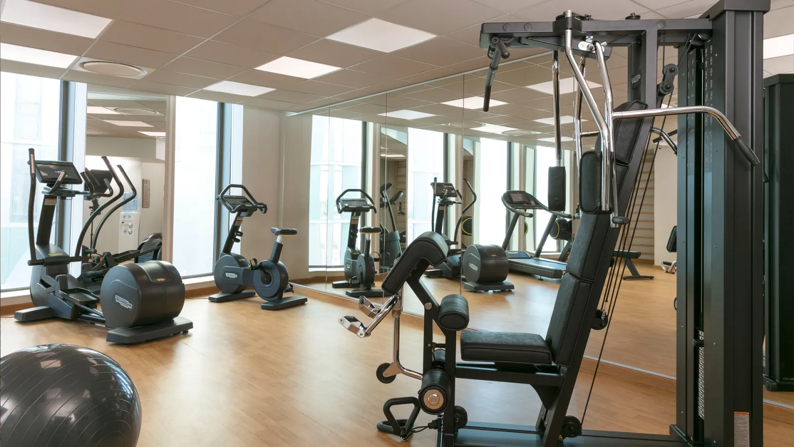 Modern gym facility at Hilton Garden Inn Bordeaux Centre featuring cardio equipment including ellipticals and stationary bikes, weight machines, exercise ball, and large windows with city views on wooden flooring.