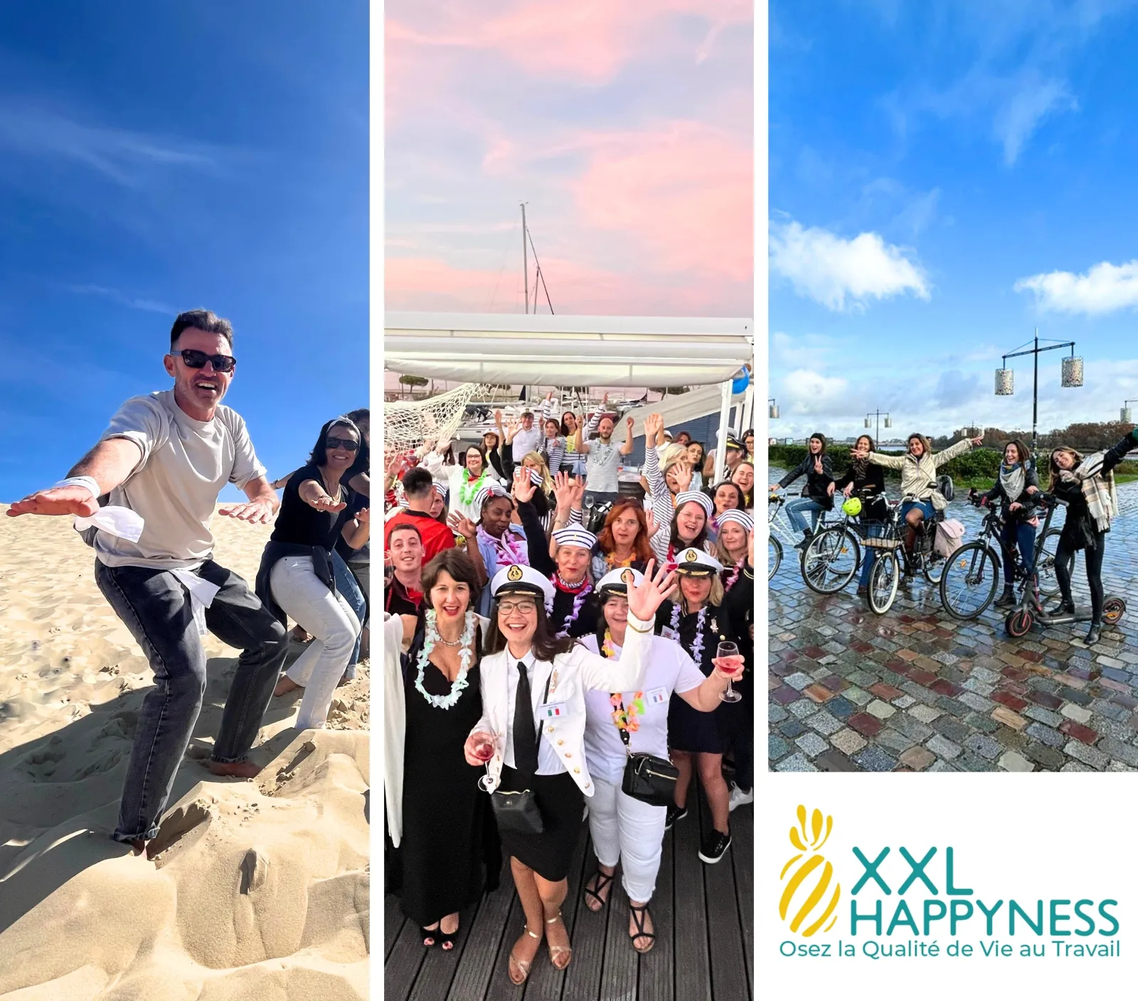 Three photos showing XXL Happyness team members enjoying outdoor activities in Bordeaux: beach fun, group gathering on a boat, and cycling tour with colleagues