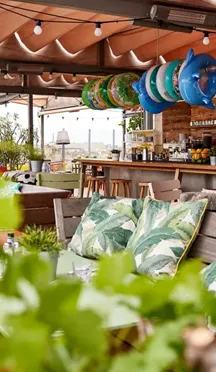 Interior of Mama Shelter Bordeaux rooftop bar with comfortable seating, decorative blue plates on wooden ceiling, lush green plants, and city views of Bordeaux in the background