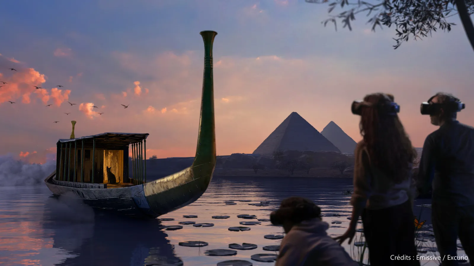 A fantastical scene at sunset showing a traditional wooden boat with a green curved prow on calm water, with pyramids visible in the distance and figures observing from the shore, evoking ancient Egypt.