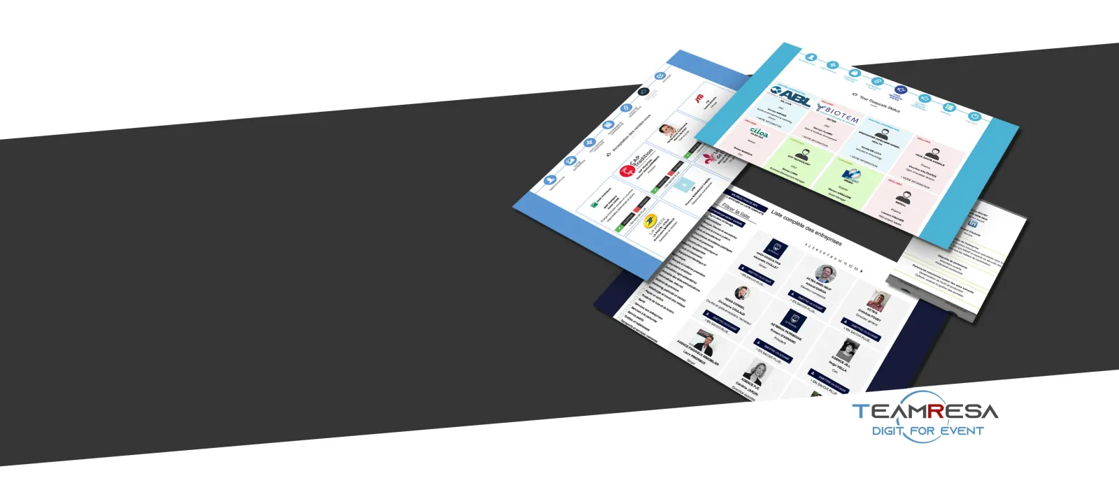 TeamResa digital event management platform showcasing multiple web pages and interface screens displaying participant profiles, team organization, and event management tools