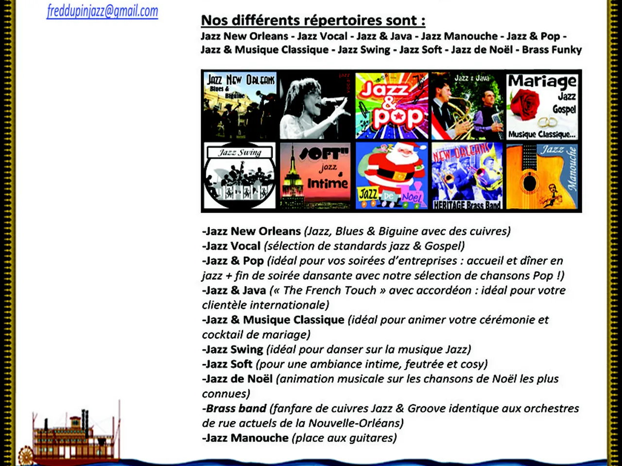 Jazz Maniac music service catalog showcasing nine different jazz repertoires including New Orleans Jazz, Jazz Vocal, Jazz & Pop, Jazz & Java, Jazz & Classical Music, Jazz Swing, Jazz Soft, Christmas Jazz, and Brass Funky, with contact email and decorative
