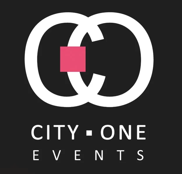 City-One Events logo featuring two interlocking circles with a pink square in the center on a dark background