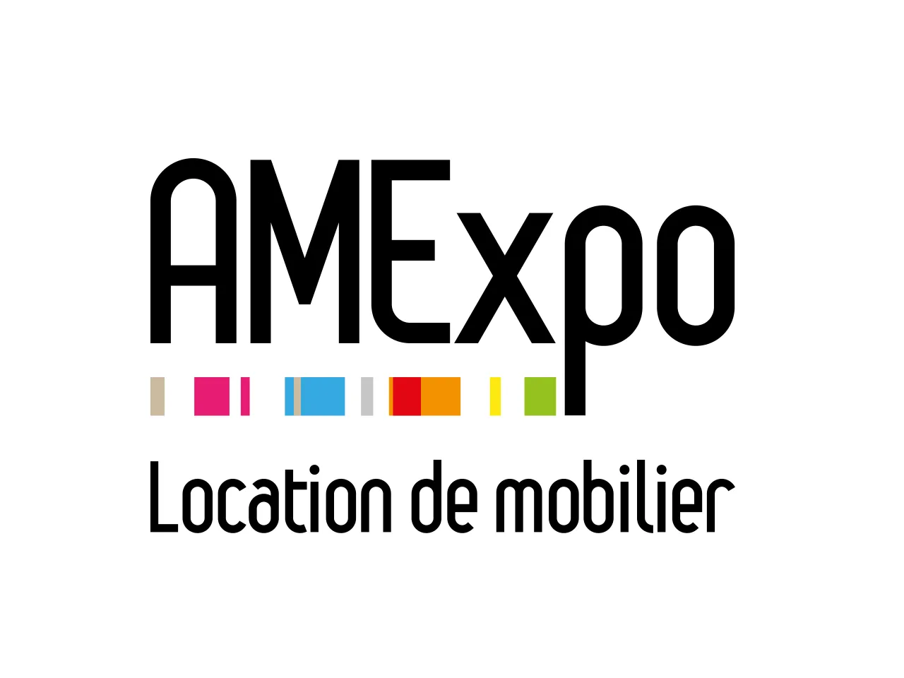 Amexpo logo with colorful blocks and 'Location de mobilier' text - furniture rental company in Bordeaux