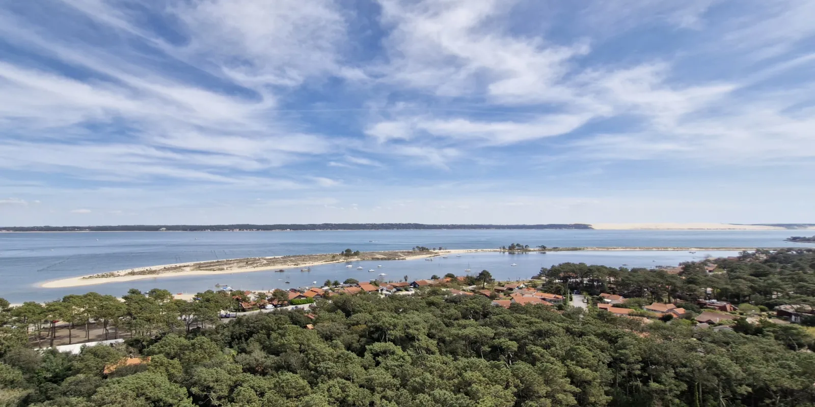 Aerial view of a coastal residential area with red-roofed houses, pine trees, sandy beaches, and moored boats in calm blue waters