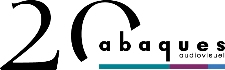 20 Abaques audiovisual logo featuring the number 20 in large black text next to the company name Abaques with audiovisual subtitle and a colorful horizontal stripe bar
