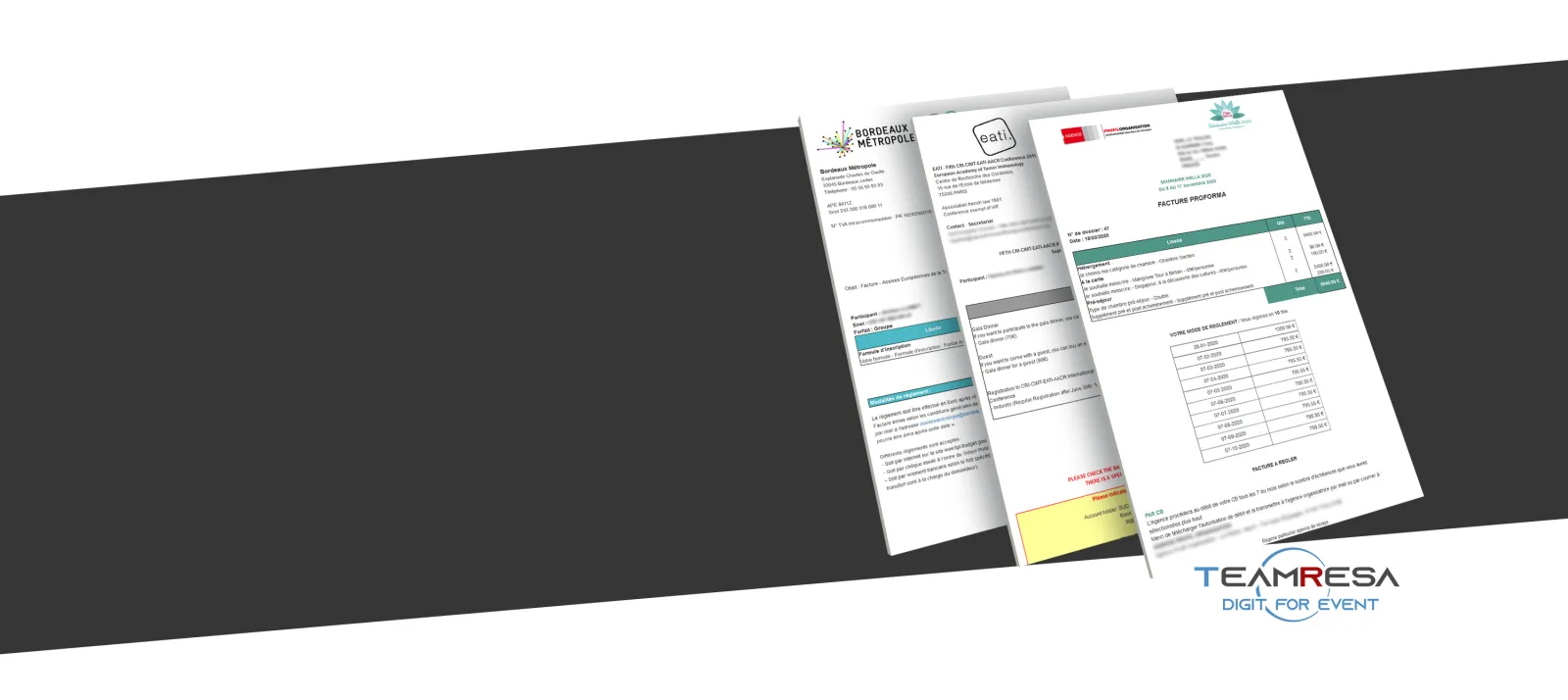Three professional documents displayed in a fan layout, including letterheads and invoices from Bordeaux Metropole and other organizations, with the TeamResa 'Digit for Event' logo visible in the bottom right corner.