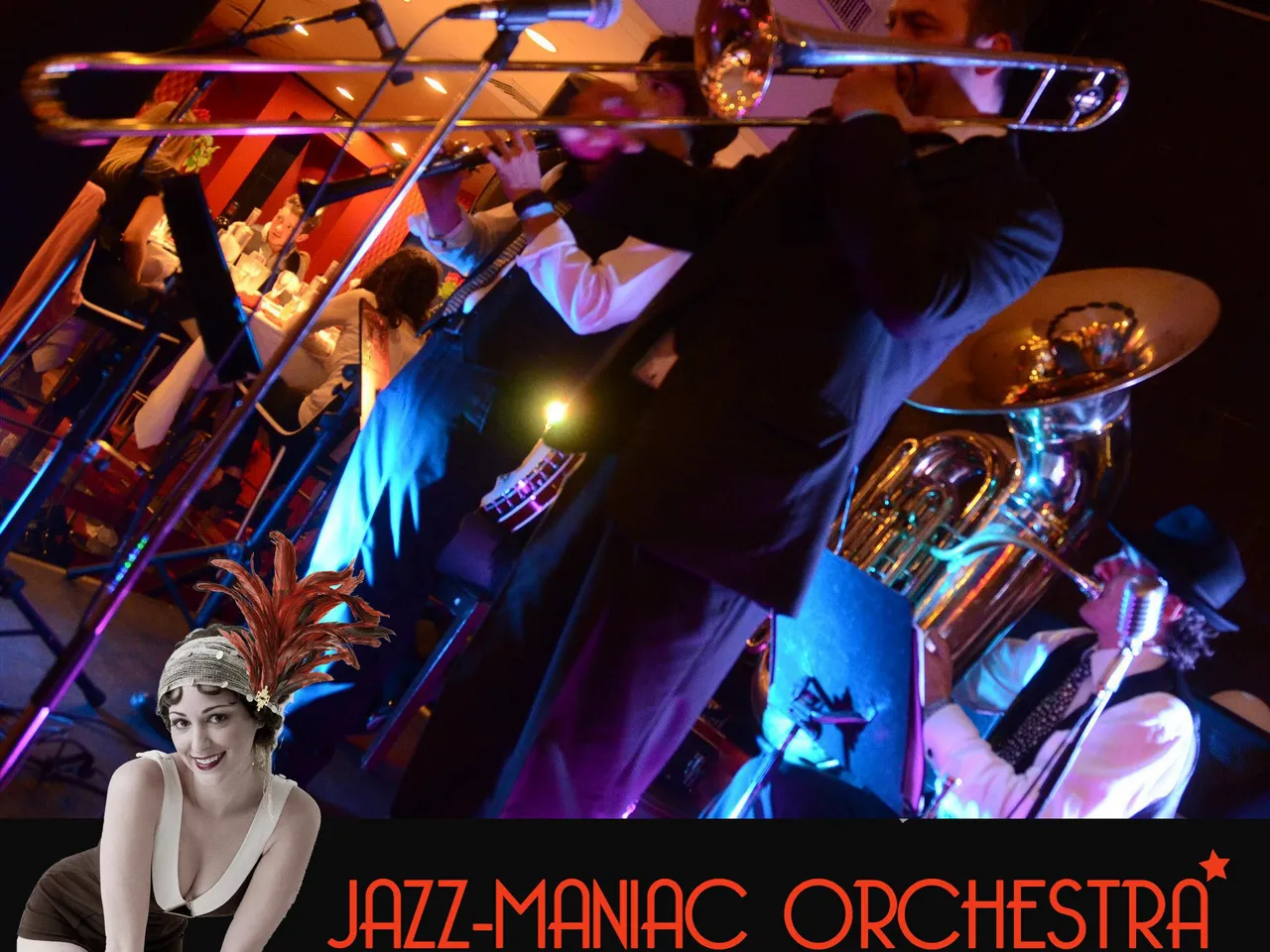 Jazz Maniac Orchestra promotional image featuring a woman in 1920s flapper style headpiece on the left, with an overhead view of jazz musicians performing with brass instruments in colorful blue and purple stage lighting.