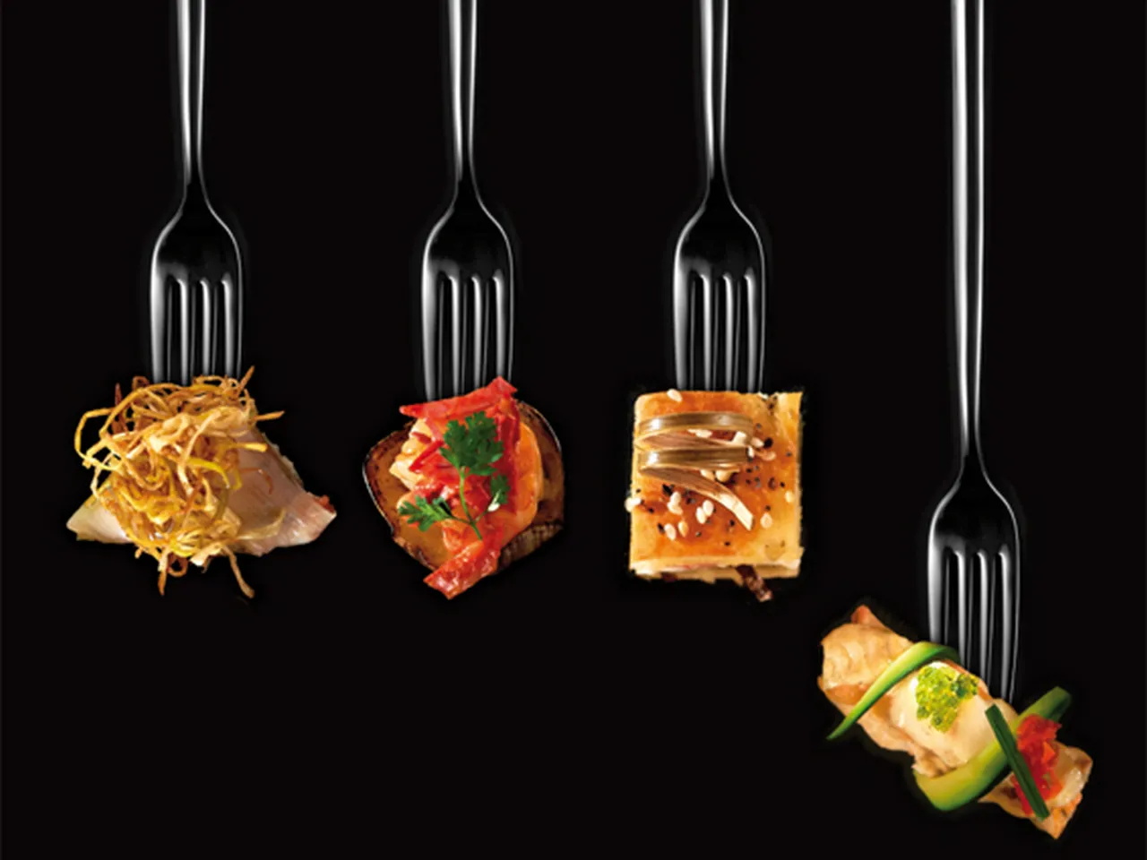 Four elegant forks against a black background, each holding a different gourmet appetizer: crispy noodles with protein, red pepper with herb garnish, a savory pastry square, and a skewered delicacy with cucumber and red pepper.