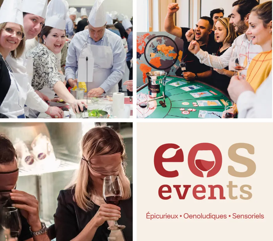 Collage of four images showing EOS Events activities in Bordeaux: culinary workshop with chefs, casino gaming event with participants, wine tasting experience, and EOS Events logo with tagline 'Epicurieux • Oenologiques • Sensoriels'