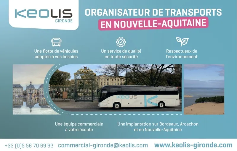 Keolis Gironde transport organization advertisement showcasing a fleet of vehicles, quality service, and environmental commitment with images of Bordeaux cityscape and a coach bus, covering operations in Nouvelle-Aquitaine region.