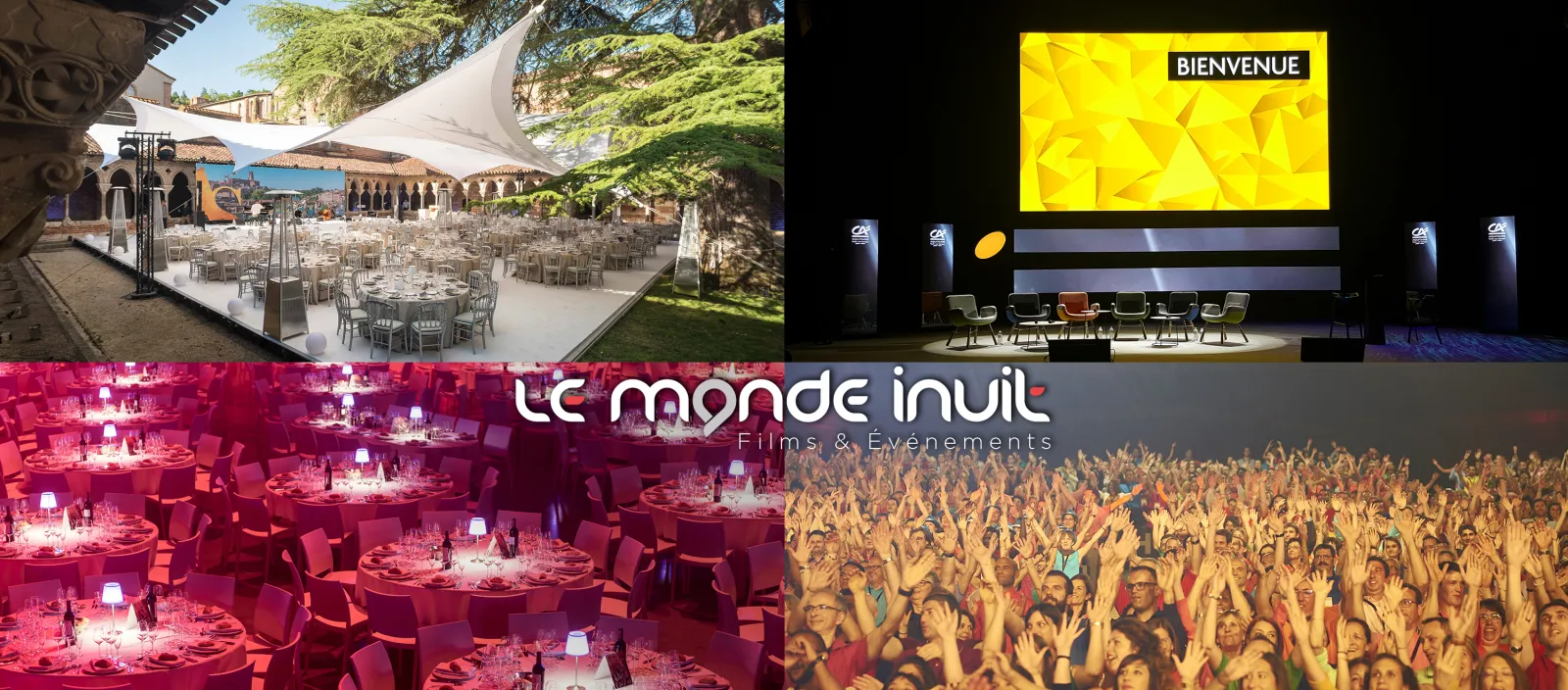 Le Monde Inuit event venue portfolio showcasing elegant outdoor dining setup with white tables and sail shade, modern auditorium with yellow welcome screen, vibrant pink gala dinner, and concert crowd audience in Bordeaux.