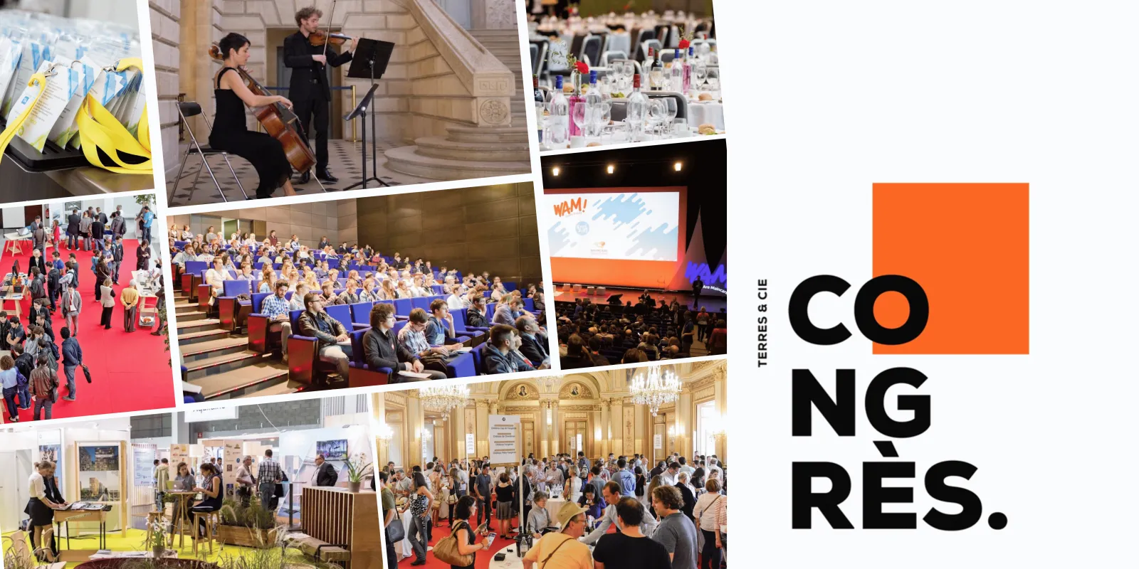 Collage of event photos showing musical performances, formal dinners, auditorium presentations, and networking in elegant venues, alongside the Terres & Cie Congress logo in orange and black.