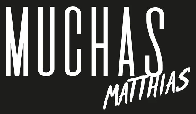 Muchas Matthias logo in white text on black background, featuring bold capital letters and stylized cursive script