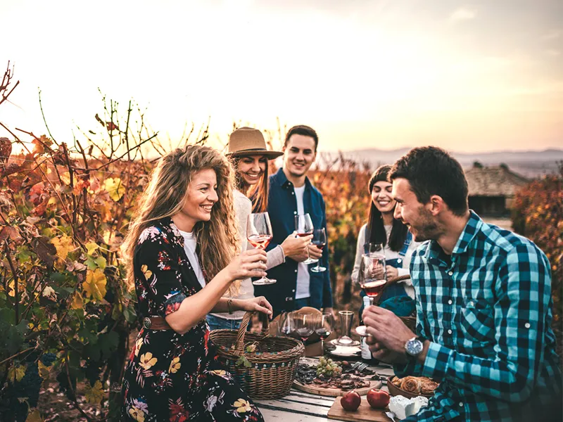 Group of five friends enjoying wine tasting in a vineyard at sunset, holding glasses and smiling together with baskets of grapes and food on a table.