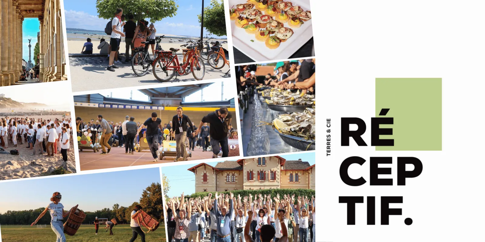 Collage of images showcasing Bordeaux attractions and events: architectural landmarks, beach cycling, food and wine tastings, large outdoor gatherings, traditional drumming, a historic building, and community celebrations with the Terres & Cie logo.
