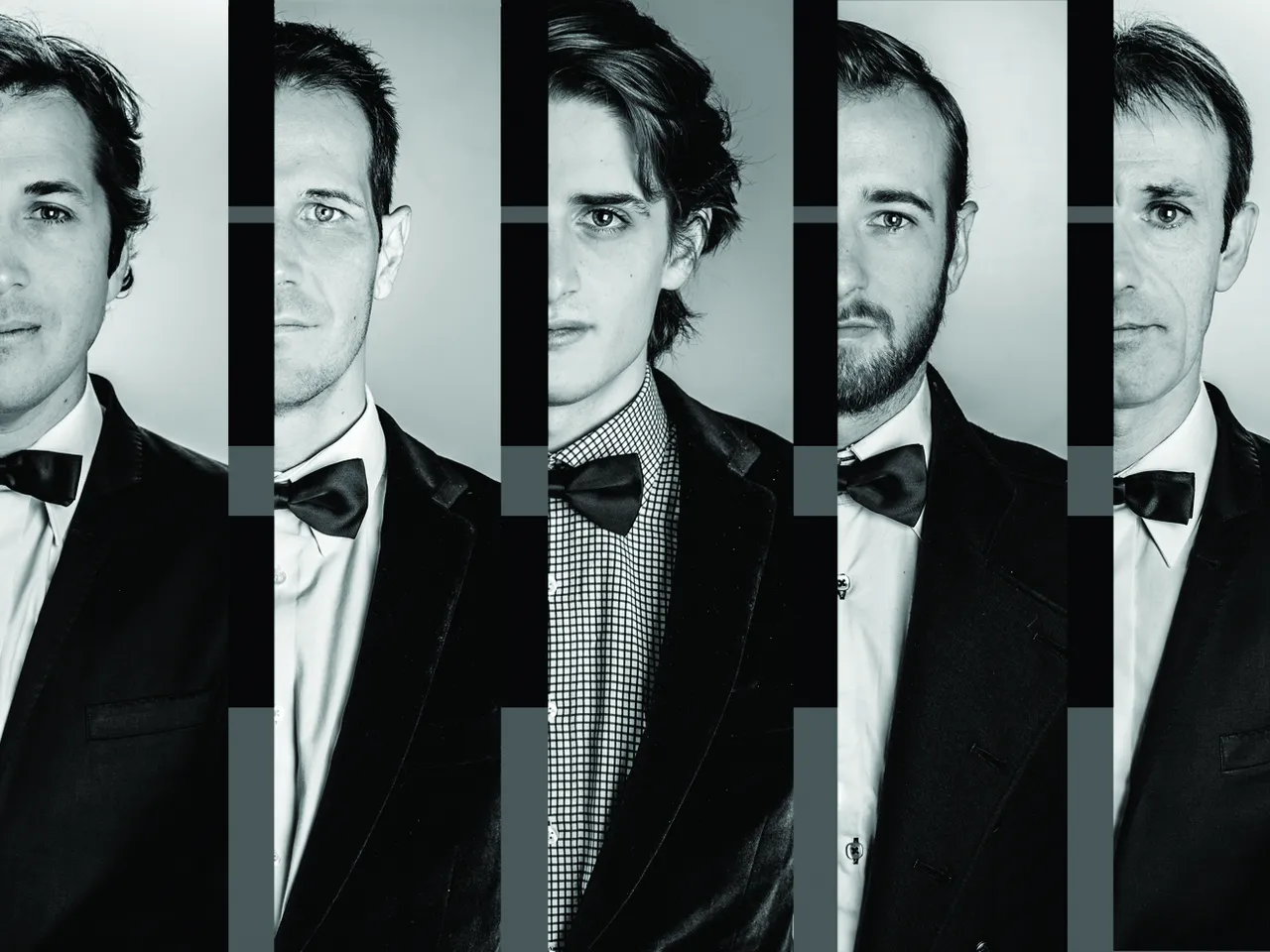 Black and white portrait series of five men in formal attire with bow ties, showing different hairstyles and facial features in a minimalist composition.
