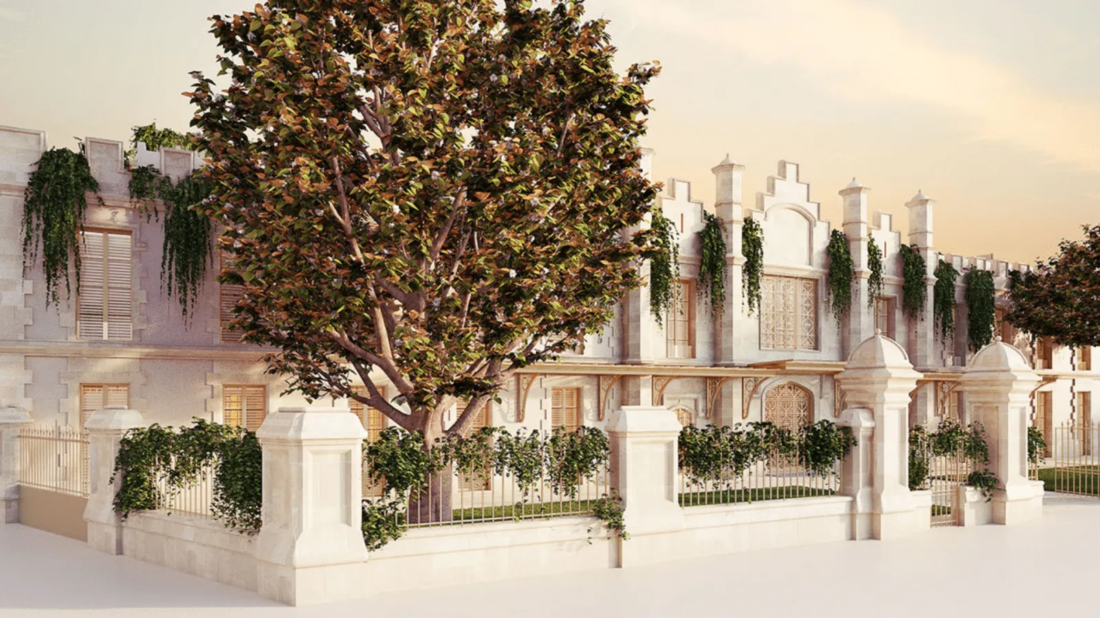 Architectural rendering of a luxury residential courtyard in Bordeaux featuring classical pale pink and white buildings with ivy-covered walls, ornate white stone gates, and a large mature tree in the center plaza.