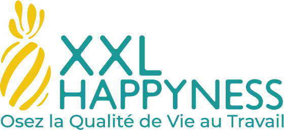 XXL Happyness logo with a stylized yellow pineapple and teal text, featuring the tagline 'Enjoy Quality of Life at Work'