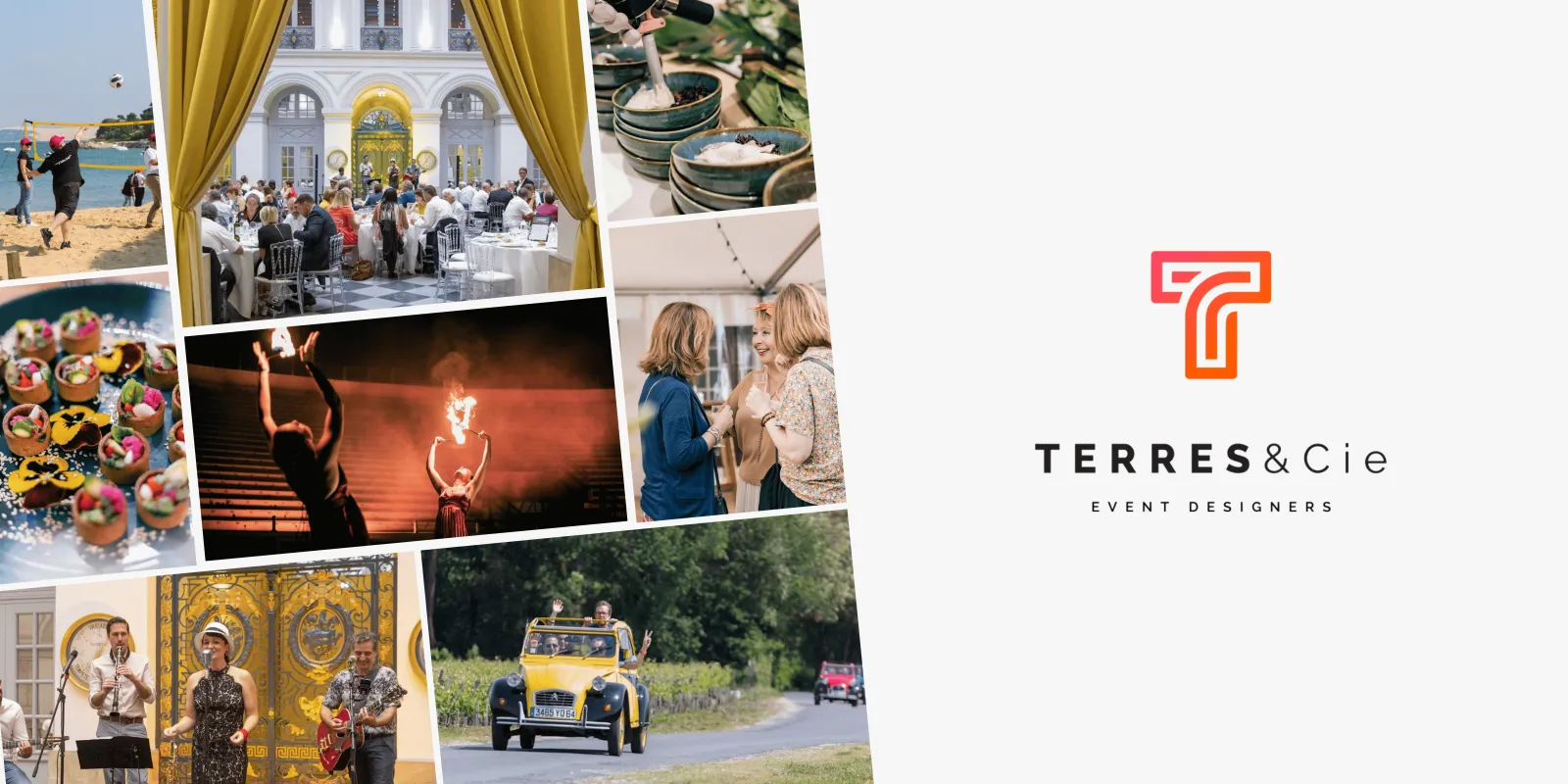 Collage of luxury events by Terres & Cie in Bordeaux: elegant beachside gathering, gourmet cuisine, classical performance, fine dining reception, vintage car parade, and cultural celebrations.