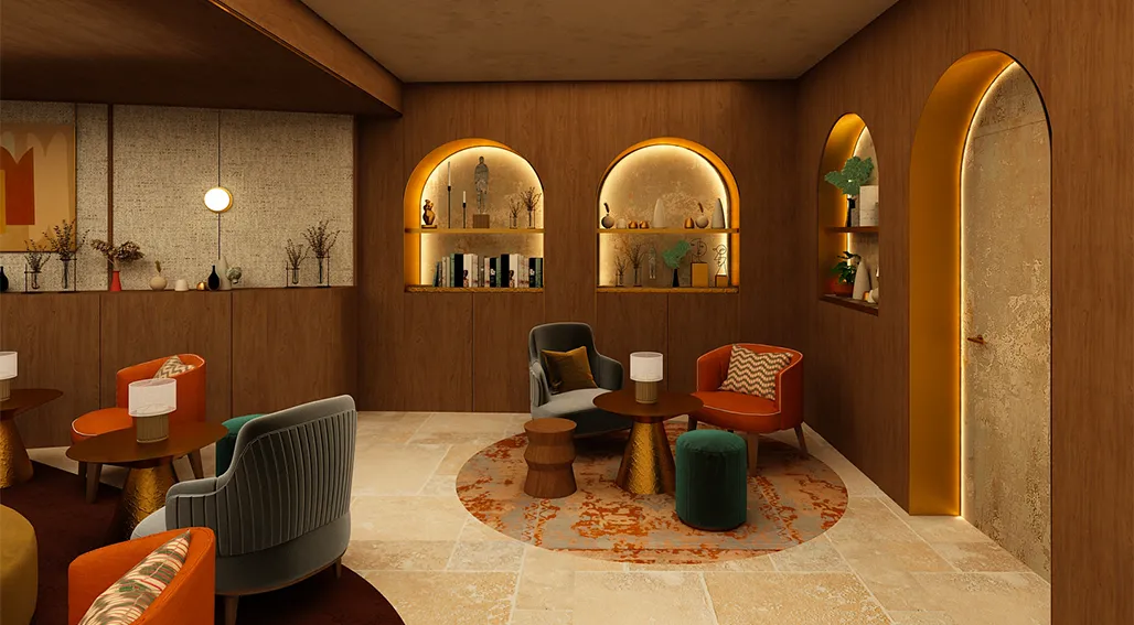 Modern luxury lounge with warm wood paneling, arched illuminated alcoves displaying books and decorative objects, orange and green mid-century furniture, geometric patterned rug, and elegant curved doorway in Bordeaux hotel interior.