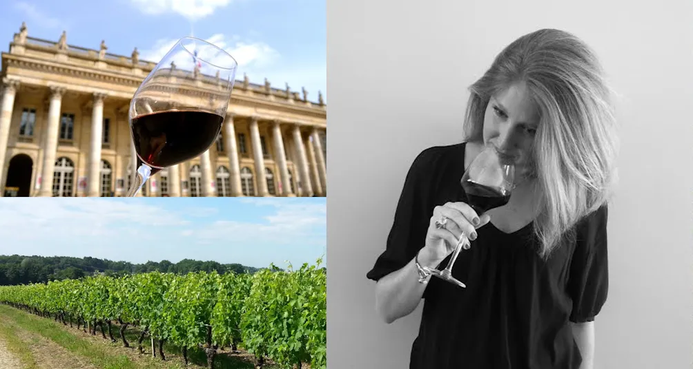 Collage showing Bordeaux wine culture: a glass of red wine in front of the Grand Théâtre, a woman tasting wine, and vineyard rows in the region.