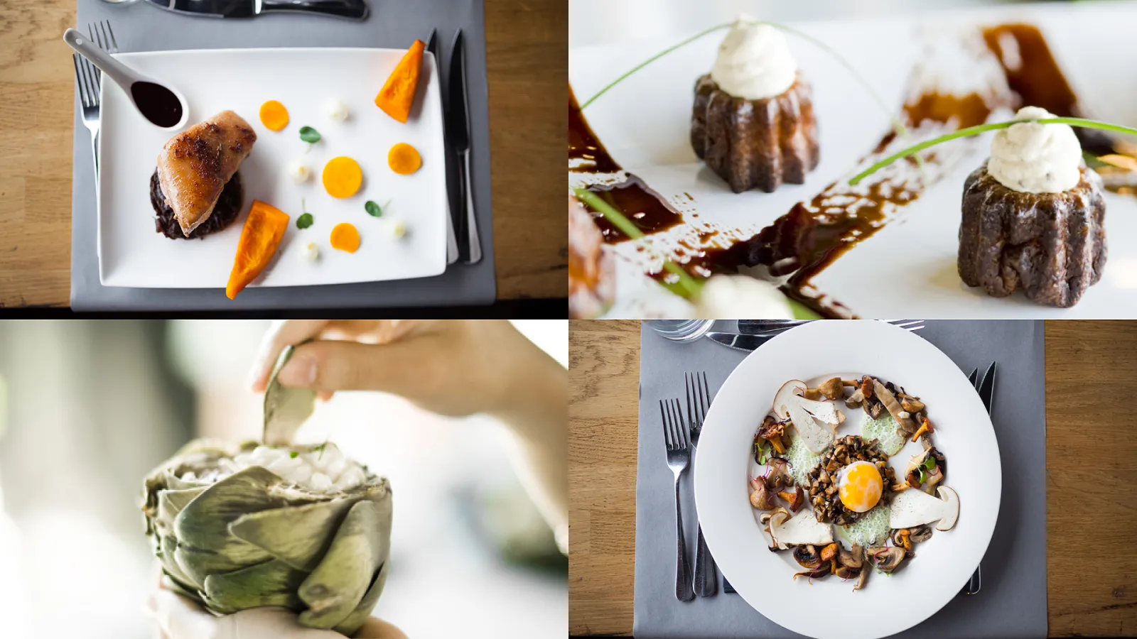 Fine dining dishes showcase: roasted duck breast with carrot puree and microgreens, chocolate lava cakes with whipped cream and green onion garnish, fresh artichoke, and seared fish with mushrooms and quail egg, presented on white plates with decorative s