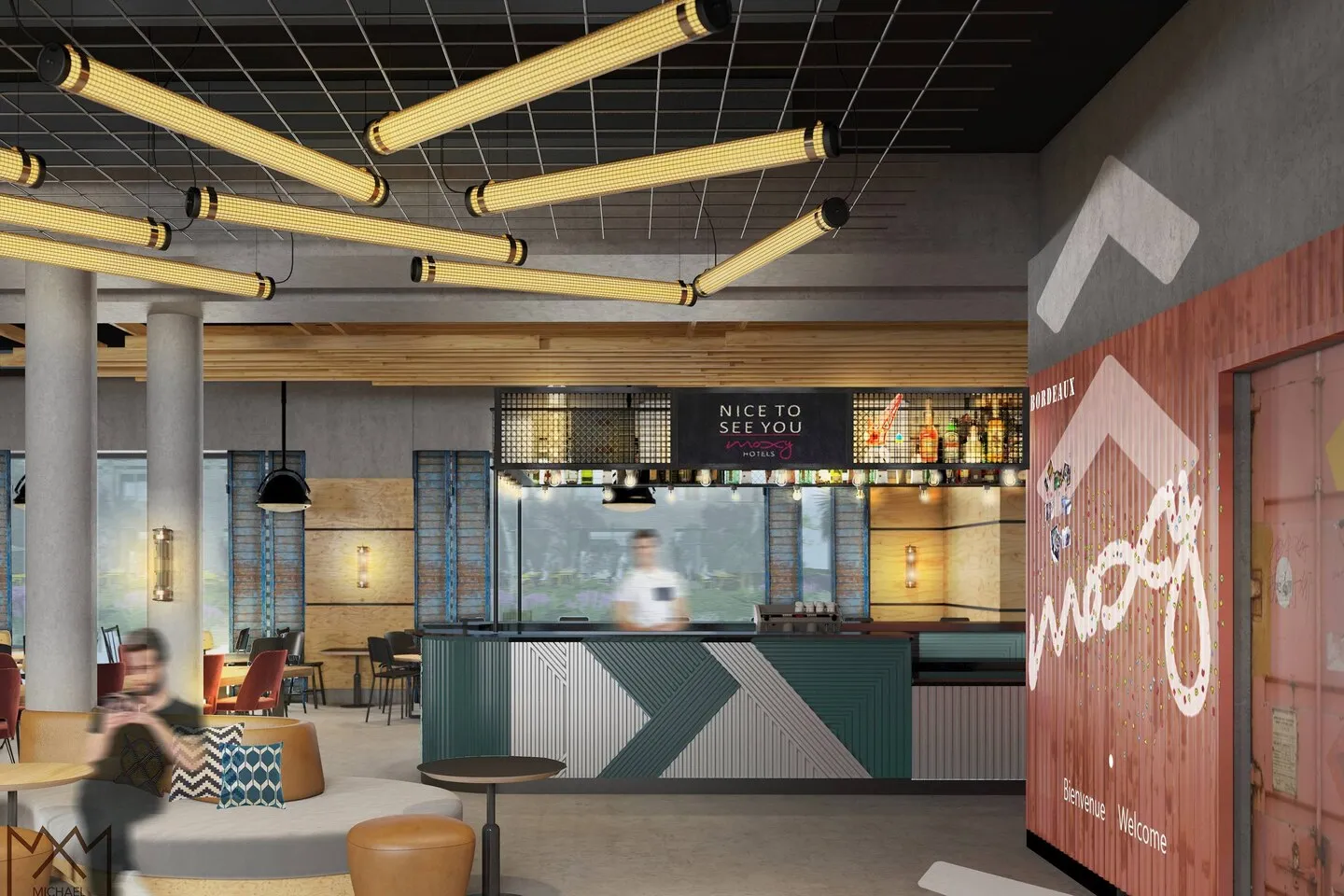Modern hotel lobby of Moxy Bordeaux featuring a reception desk with geometric patterns, yellow tube lighting on the ceiling, lounge seating with patterned cushions, and a welcome sign on a rust-colored corrugated wall