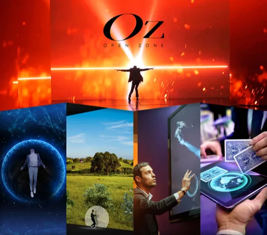 Composite promotional image for Oz Open Zone in Bordeaux featuring a silhouetted figure with outstretched arms against a glowing orange light, surrounded by four smaller images: a digital blue human figure, a natural landscape with trees, a man gesturing 