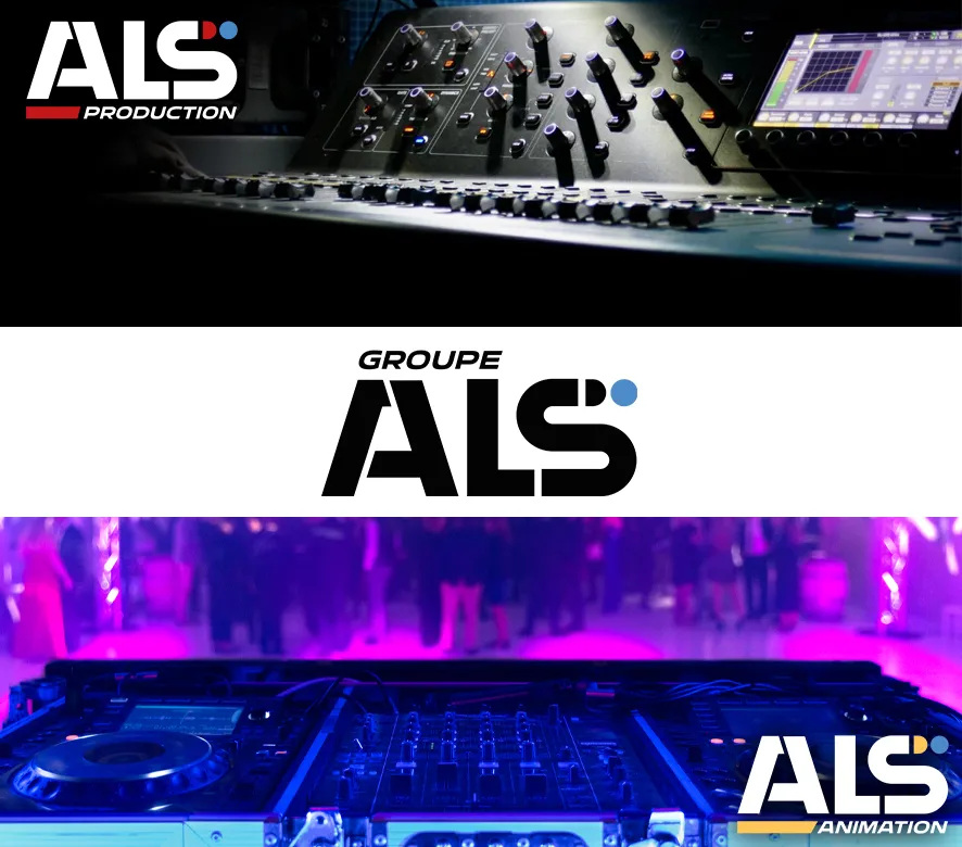 Professional DJ and event production equipment showcasing ALS Production and ALS Animation services, featuring mixing consoles, controllers, and stage lighting in Bordeaux.