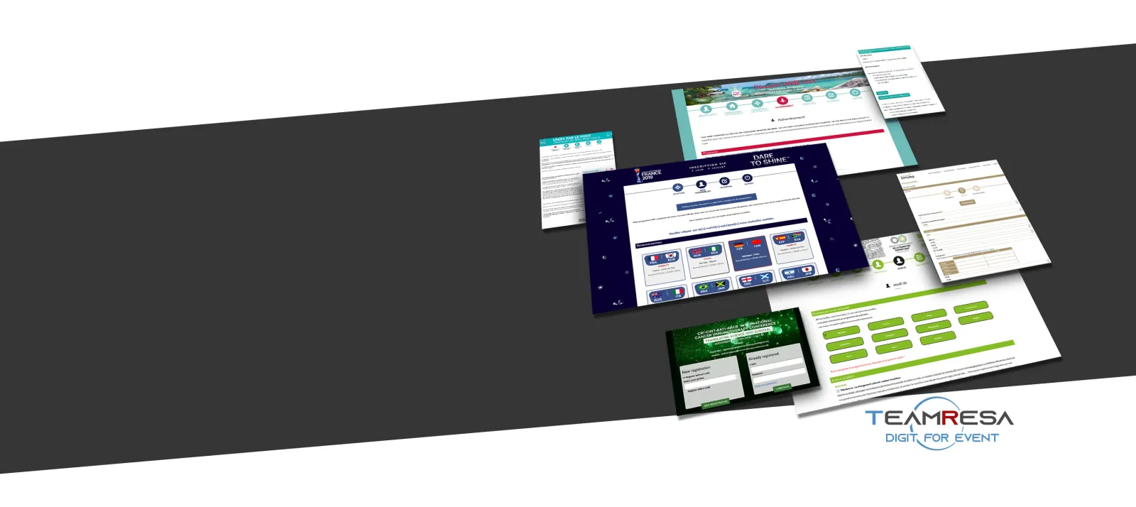 Collection of website mockups and digital interfaces for TeamResa event management platform, displayed in a 3D perspective view showing various pages with teal, dark blue, and green color schemes.