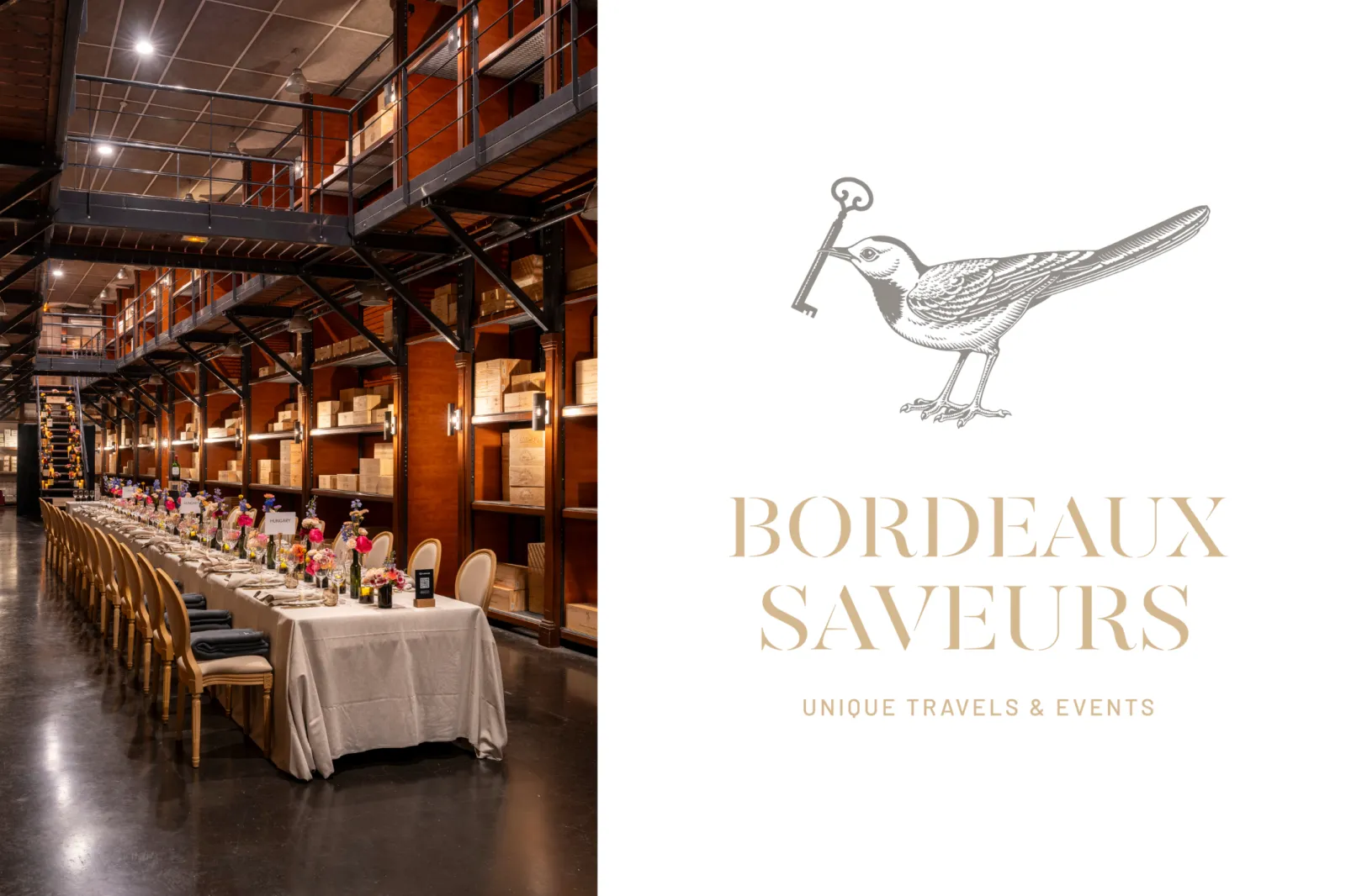 Elegant dining setup at Bordeaux Saveurs with a long white-draped table decorated with pink and red flowers, set in an industrial-style venue with wooden shelving and warm lighting. Bird logo and tagline 'Unique Travels & Events' displayed on the right.