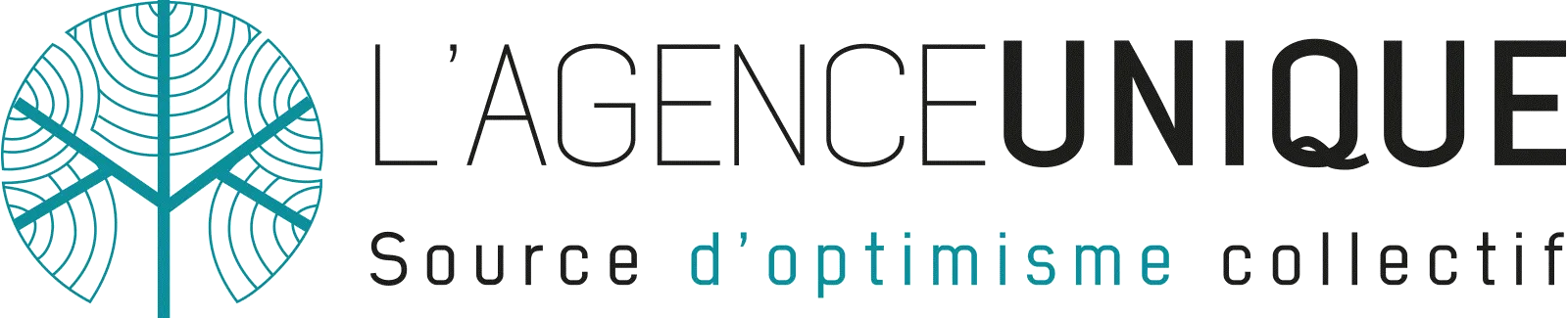 L'Agence Unique logo: a stylized tree with geometric leaf patterns in teal blue, accompanied by the text 'L'AGENCE UNIQUE - Source d'optimisme collectif'