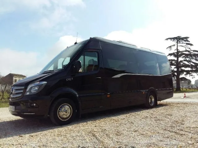 Black Mercedes Sprinter van parked on gravel in Bordeaux, with buildings and trees visible in the background under a partly cloudy sky.