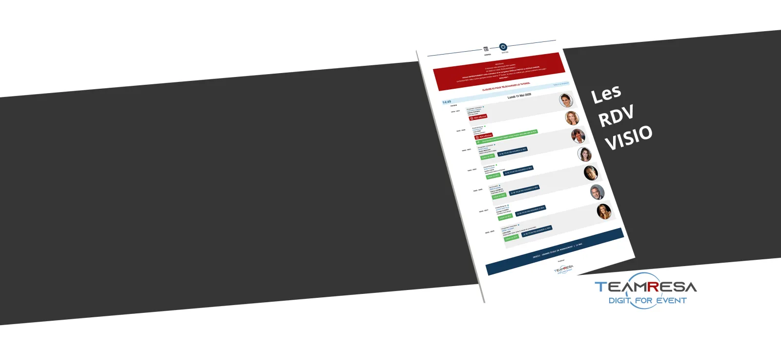 Screenshot of TeamResa's RDV Visio (Video Meeting) interface showing a scheduled video conference list with participant profiles, time slots on March 11, 2025, and colored status indicators for meetings.