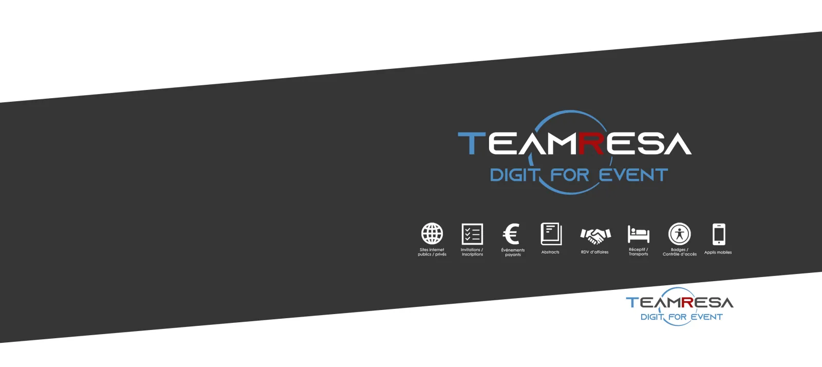 TeamResa logo and branding presentation showing 'Digit for Event' tagline with eight service icons including international bookings, reservations, payment options, abstracts management, partnership opportunities, accommodation, accessibility features, and