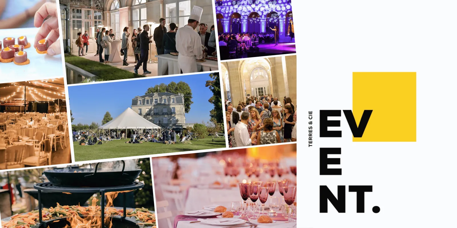 Collage of elegant event venues and catering in Bordeaux, featuring outdoor receptions with tents, fine dining setups, gourmet cuisine preparation, wine service, and indoor celebrations in historical locations, showcasing the region's event and hospitalit