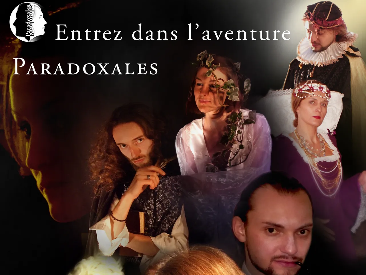 Group of performers in Renaissance and historical costumes posing dramatically against a dark background with theatrical lighting. Text reads 'Entrez dans l'aventure Paradoxales' with a spine logo.