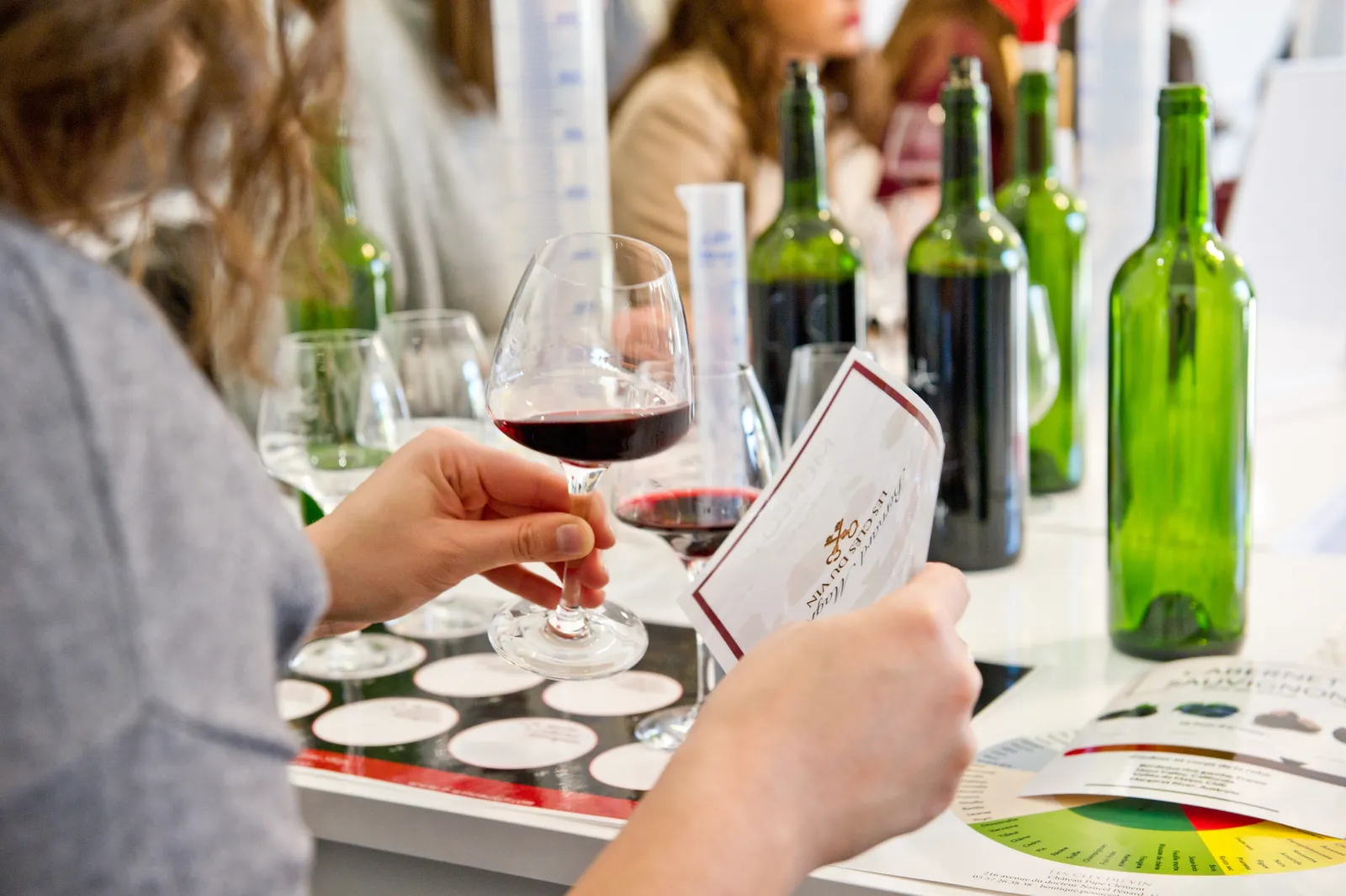 Wine tasting event in Bordeaux where a participant holds a glass of red wine while examining tasting notes, with multiple wine bottles and color reference charts displayed on the table.