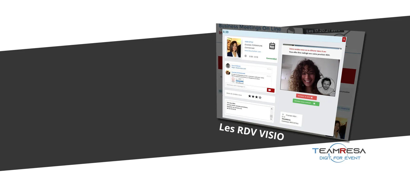 TeamResa platform interface showing RDV VISIO video meeting feature with participant profiles, ratings, and booking options for business meetings online
