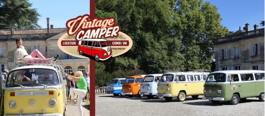 Vintage Camper rental location in Bordeaux featuring a collection of colorful Volkswagen Combi vans parked in front of historic buildings, with a red vintage camper sign and people enjoying the vehicles.