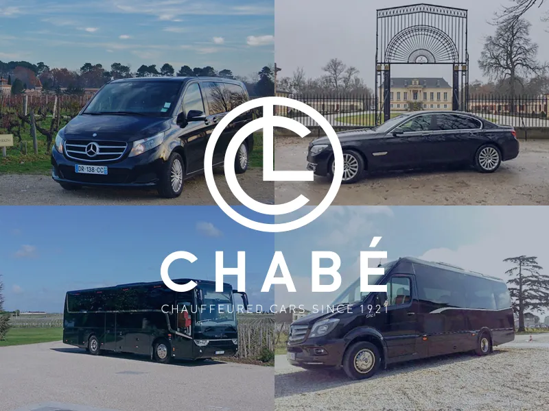 Chabe chauffeur service in Bordeaux - collage showing luxury Mercedes van, premium sedan, and modern coaches for professional transportation since 1921