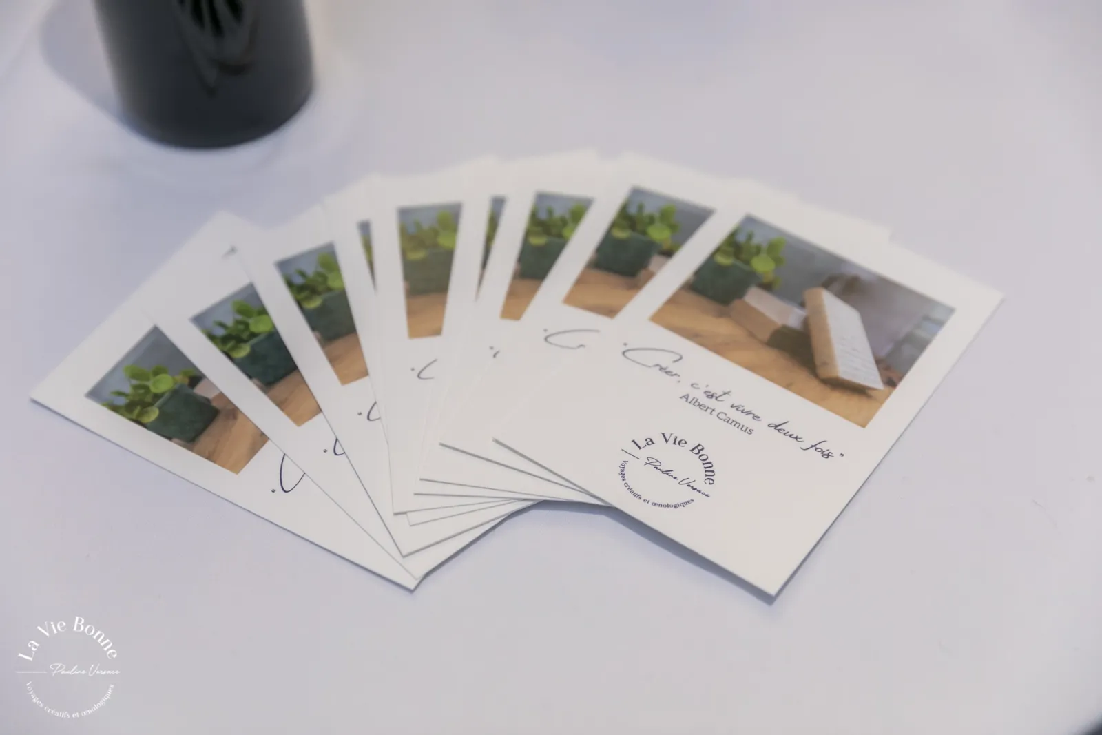 Fan-shaped arrangement of promotional postcards for La Vie Bonne, a Bordeaux-based lifestyle brand, displaying plant imagery and wooden elements on a white surface