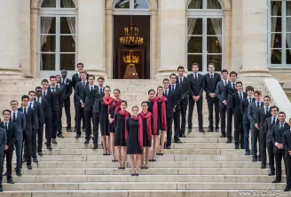 A formal group portrait of approximately 40 young professionals dressed in dark business suits and formal attire, with a central group of women wearing red scarves, positioned on the grand stone steps of an elegant neoclassical building with columns and o
