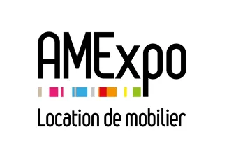 Amexpo logo with colorful blocks and 'Location de mobilier' text - furniture rental company in Bordeaux