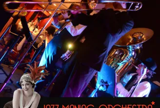 Jazz Maniac Orchestra promotional image featuring a woman in 1920s flapper style headpiece on the left, with an overhead view of jazz musicians performing with brass instruments in colorful blue and purple stage lighting.